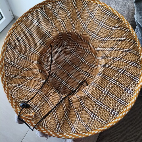 Women's Straw Sun Hat with Checked Pattern and Polka Dot Bow like new