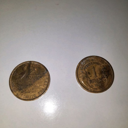 Franc coin used, 1 franc 1932 and 20 francs 1951