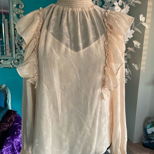 Iridescent floral semi-transparent blouse beige new, size M