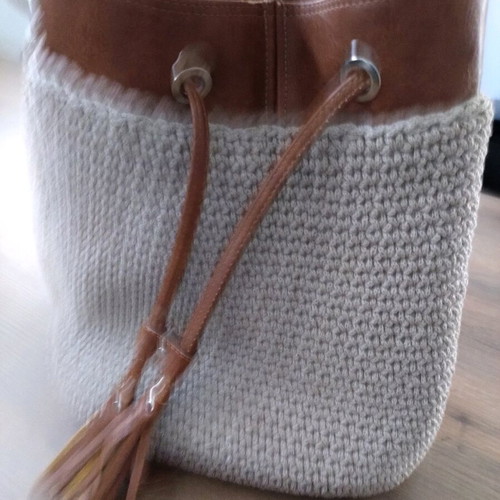 Handmade bucket bag used with brown leather details