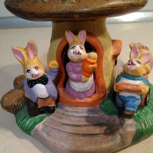 Ceramic Easter Tree House with Rabbits collectible, used