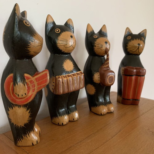 Wooden cat orchestra handmade, new, set of four figurines
