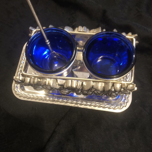 Vintage Art Nouveau salt and pepper set with cobalt blue glass, like new