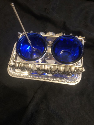 Vintage Art Nouveau salt and pepper set with cobalt blue glass, like new