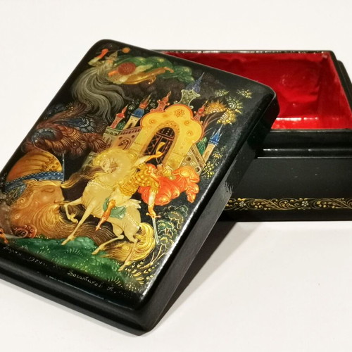 Russian lacquer box used with hand-painted Ruslan and Ludmila design