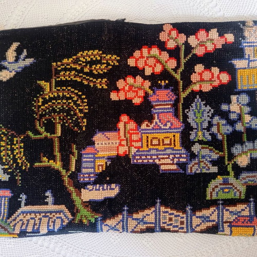 Handmade embroidered pillowcase used, oriental cross-stitch motif 67x44 cm
