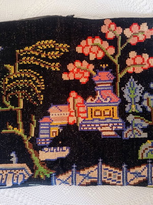 Handmade embroidered pillowcase used, oriental cross-stitch motif 67x44 cm
