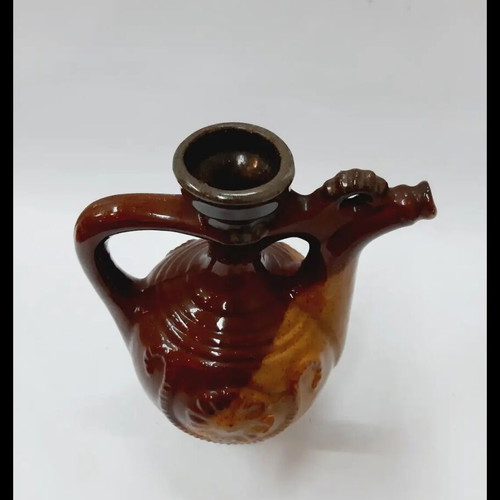 Vintage Troyan Ceramic Jug handpainted, brown and beige, 14 cm