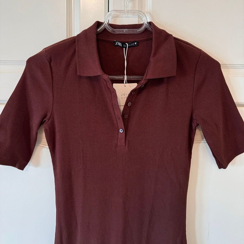 ZARA Long Short-Sleeve Dress Brown Ribbed New Small S 8