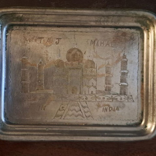 Vintage decorative plate with Taj Mahal engraving used