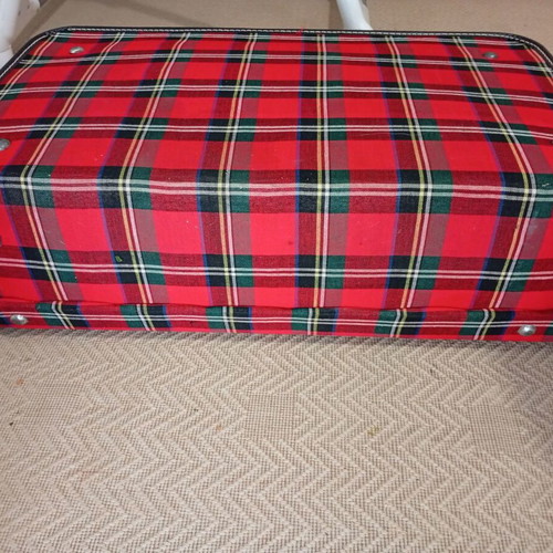 Vintage large suitcase like new, red plaid with black