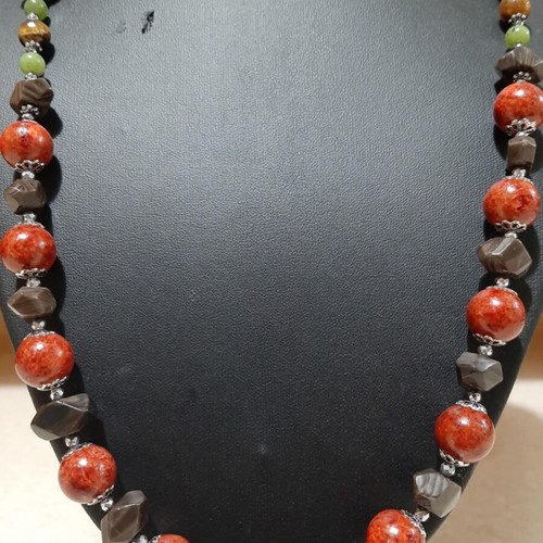 Necklace with coral, bronzite, jade, tiger's eye and jasper in 925 silver new