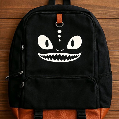 Backpack with Monster Design New, Black with Brown Leather Details
