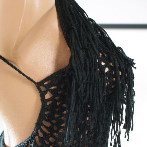 Beachwear one-piece new, bohemian chic black with tassels