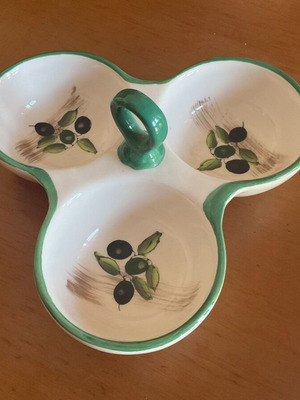 Vintage ceramic olive dish 3-section serving bowl with handle new