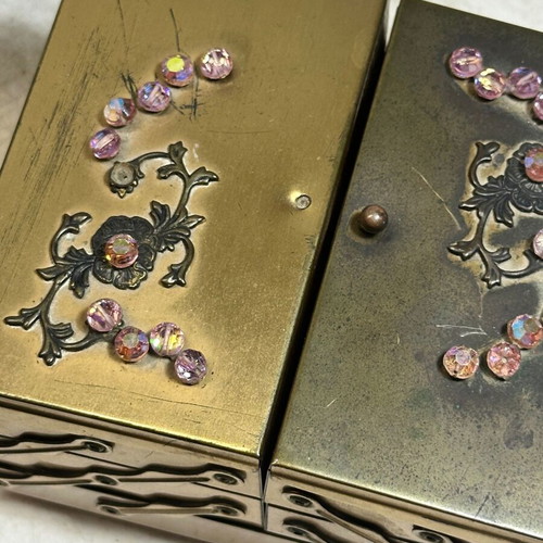 Vintage metal jewelry box with drawer mechanism and velvet lining used