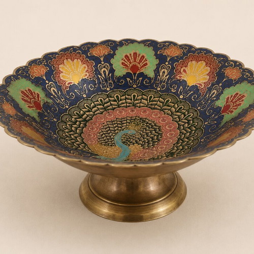 Vintage metal decorative peacock plate handmade, blue-gold, 18cm