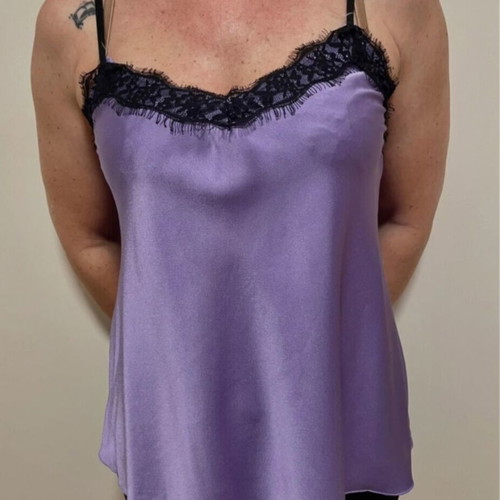 Satin violet sleeveless top with black lace, lingerie style, One Size