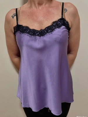 Satin violet sleeveless top with black lace, lingerie style, One Size