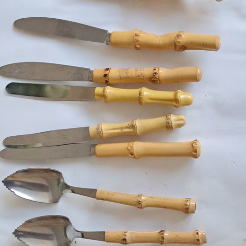 Vintage German knives set with bamboo case and Japanese spoons, like new