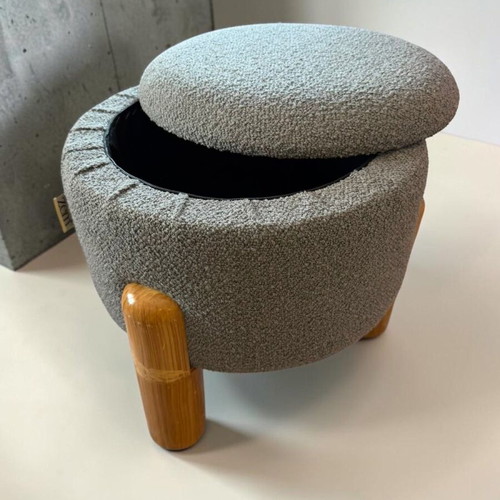 Teddy Bouclé Round Pouf with Storage 35x35x35cm New, Gray