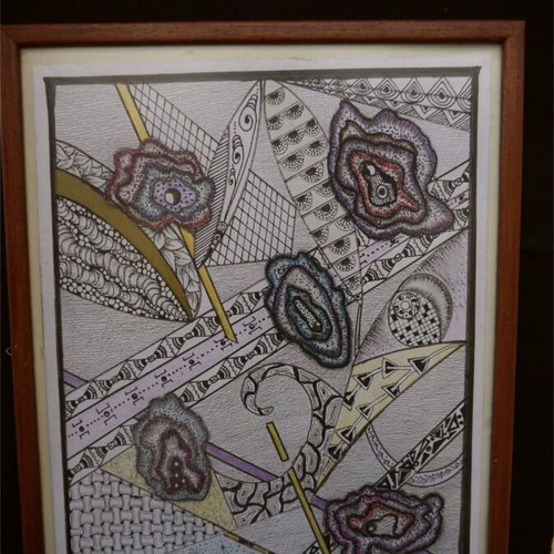 Zentangle style painting with geometric patterns in wooden frame like new