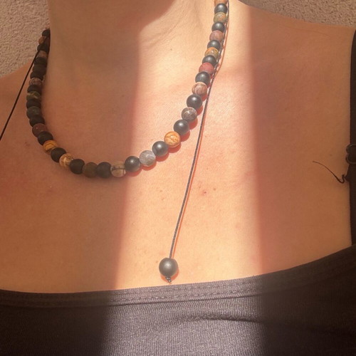 Necklace with natural stones black matte and colorful handmade new