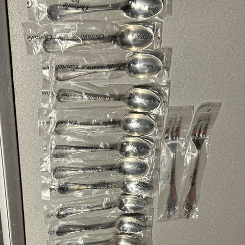 Christofle RUBANS silver plated dessert spoons new, set of 12 with 2 small forks