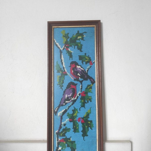 Embroidered paintings used, set of 5 with people, birds, flowers, ducks