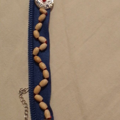 Handmade bracelet with wooden beads blue zipper silver buttons chain extension new