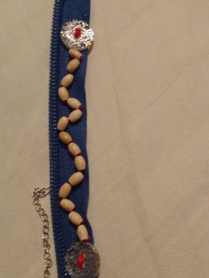 Handmade bracelet with wooden beads blue zipper silver buttons chain extension new