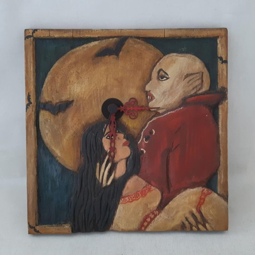 Handmade wooden Nosferatu wall clock used, non-working