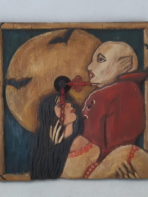 Handmade wooden Nosferatu wall clock used, non-working
