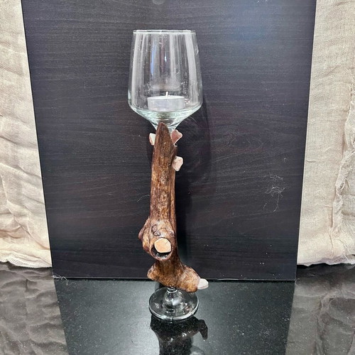 Candlesticks handmade from wood, glass and stones like new