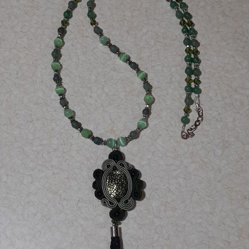 Necklace with cat's eye and aventurine in 925 silver, very long, new