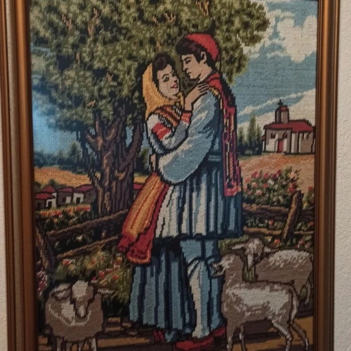 Vintage Handmade Gobelin Embroidery in Solid Walnut Frame 70x55
