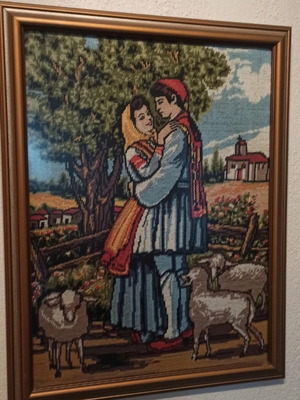 Vintage Handmade Gobelin Embroidery in Solid Walnut Frame 70x55