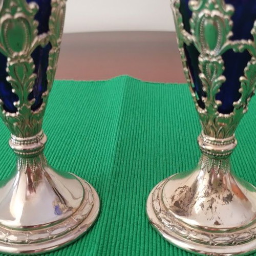 Pair of cobalt glass vases used with silver bases