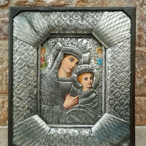 Virgin Mary with Christ Child religious icon with embossed metal riza, early 20th century
