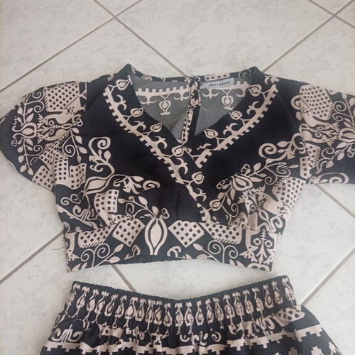 Summer set top with skirt, black and beige, viscose fabric