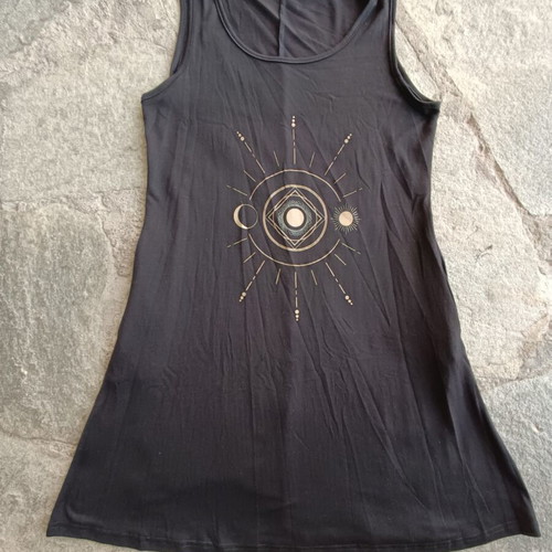 Black sleeveless dress like new with gold sun and moon print