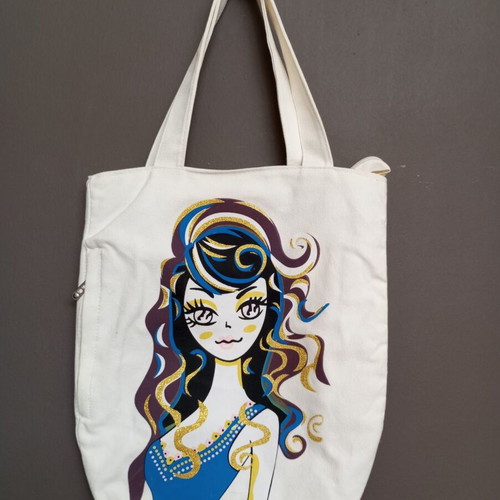 Canvas tote bag with zipper, shoulder bag, white with glitter illustration