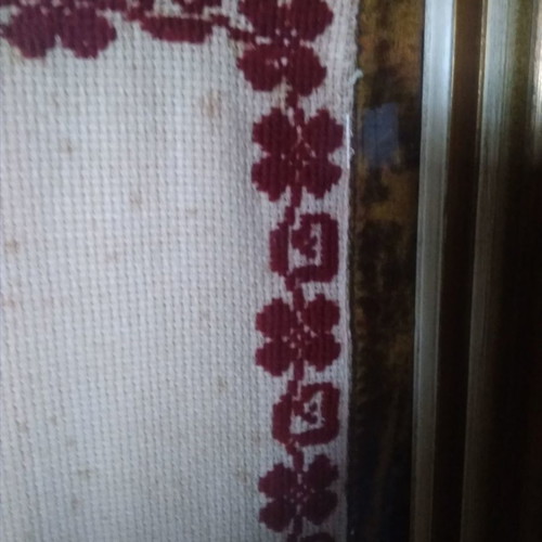 Antique embroidery used with girl and umbrella on canvas