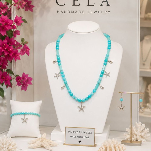 Handmade Long Necklace with Blue-Green Precious Stone JADE and metallic stars and shells