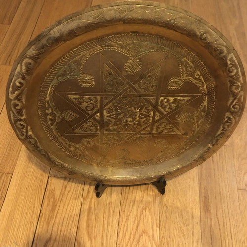 Vintage brass Moroccan tray 35cm used, handmade engraving