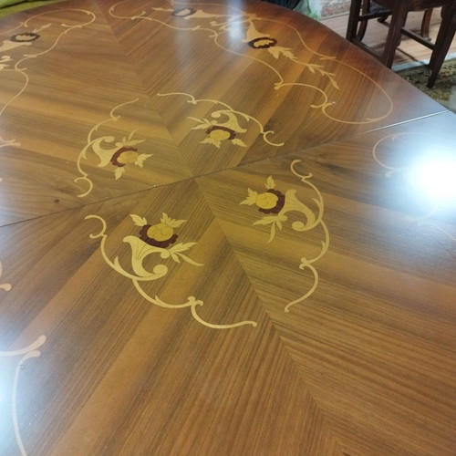 Marqueterie dining table set used with eight chairs