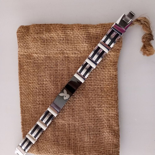 Men's stainless steel bracelet and matching ring with bunny logo