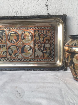 Egyptian decoration set like new, metal tray and vase with engraved figures