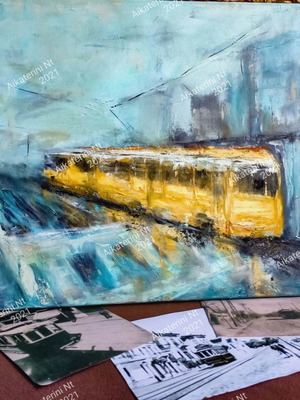 Passing Tram Original Handmade Oil Painting, Urban Landscape
