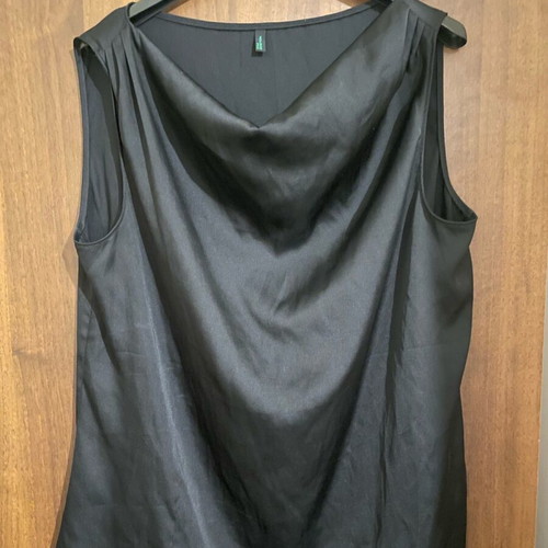 Benetton top used, black satin sleeveless with draped neckline size M